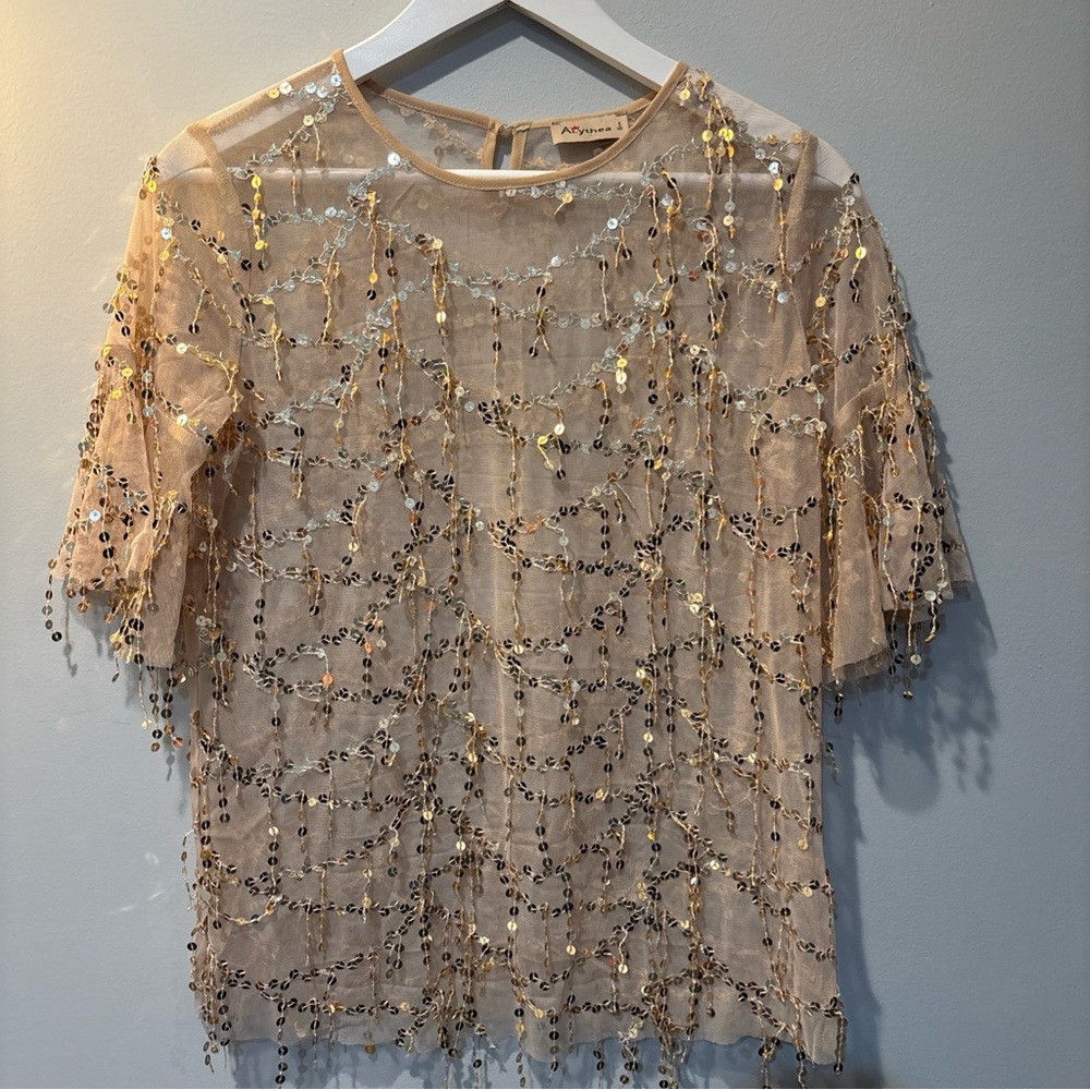 Festive Glamour See Trough Sheer Embroidered sequins Gold Alythea Women S Top